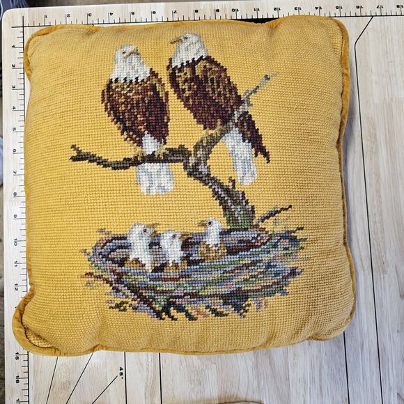 Vintage Bald Eagle Family Needlepoint Petit Point Pillow Gold Velvet Americana - Picture 9 of 9